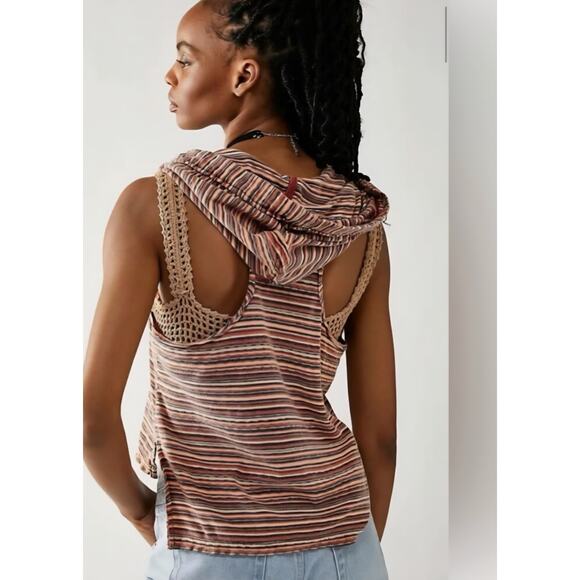 NWT free people rasta boho sleevless shirt jacket hooded hippie S striped orange - Picture 4 of 9